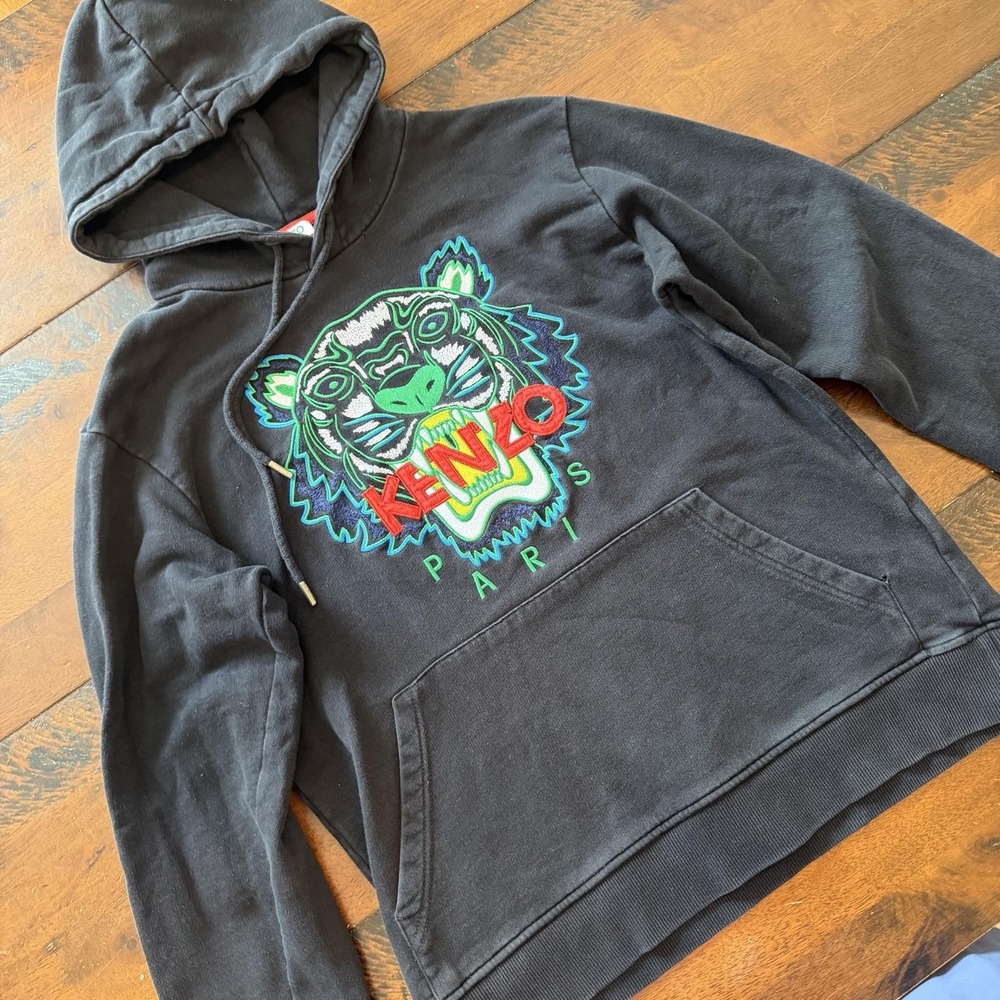 Kenzo Hoodie Mens Small Black Tiger Embroidered Pullover Fleece F955SW4154XA